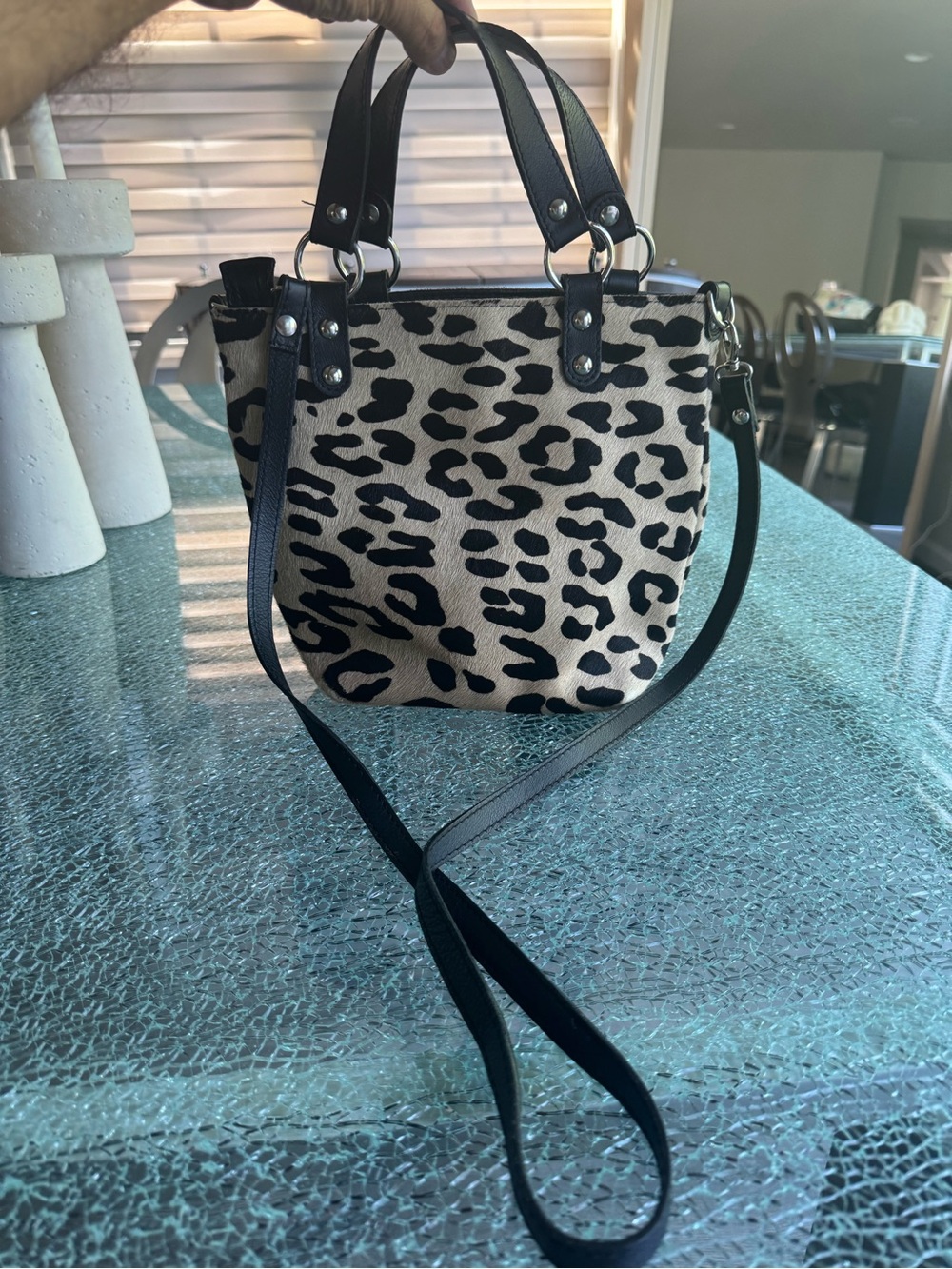 Maurizio Taiuti Leopard Print Crossbody Tote Bag with Black Trim